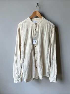 Primark Shirt Men’s S Cream Cotton Gauze Band Collar Regular Fit NWT